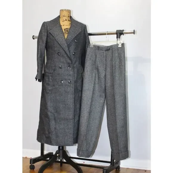 Vtg Saint Laurent Rive Gauche Gray Wool Herringbone Double Breasted Overcoat S